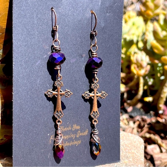 Elegant Purple Cross Dangle Earrings - Picture 4 of 12